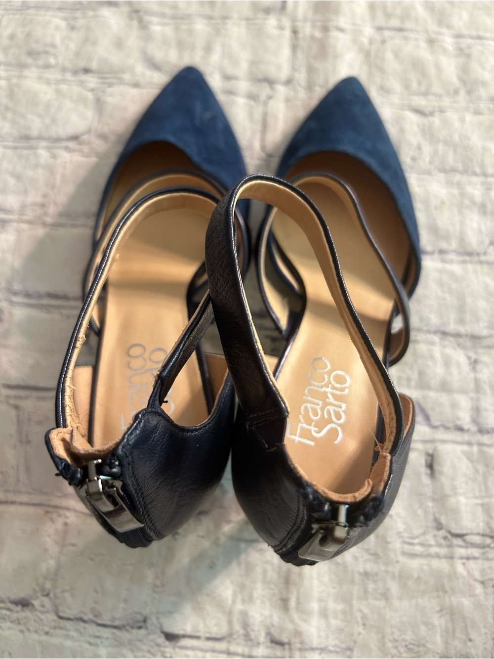FRANCO SARTO DAVEY NAVY BLUE SUEDE ZIP BACK TWO STRAPS PUMPS WOMEN’S SIZE 8M - Picture 8 of 16